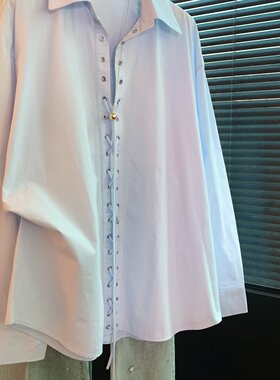 蓝色简约高级感系带扣精致白色衬衫女穿绳绑带春通勤优雅气质衬衣