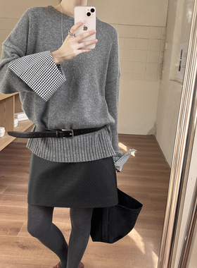 HOO新款法式简约兔绒袖口拼接圆领百搭休闲灰色羊毛毛衣宽松大码