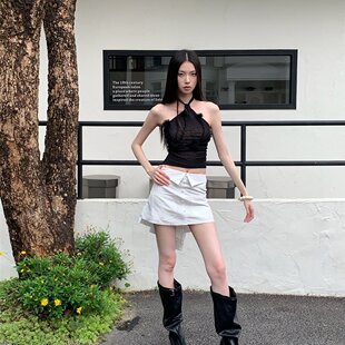欧美风性感系脖露背上衣白色短裙套装辣妹夏季沙滩黑白配个性女装