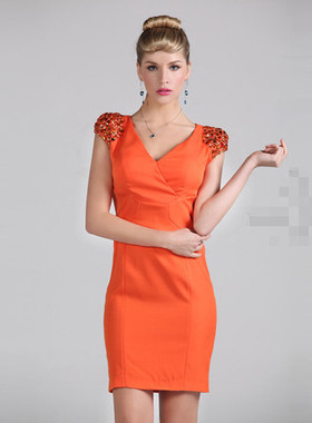 现货亏本特价 非韩代 亲密爱人 橙色修身钉珠短袖连衣裙