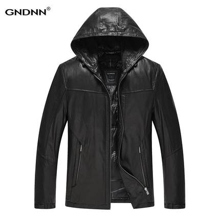 冬季海宁真皮皮衣男士头层牛皮羽绒服皮夹克连帽外套加绒加厚胖子