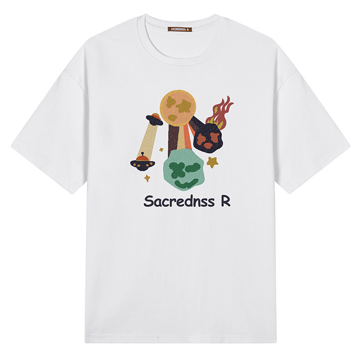 Sacrednss R趣味卡通星球大战字母印花宽松圆领落肩短袖T恤