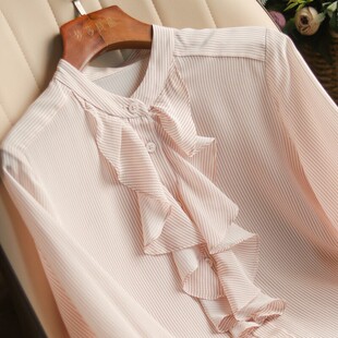 现货」深圳南油高端女装 设计感粉系条纹真荷叶褶衬衣ME540
