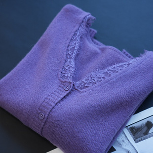 气质优雅～100羊毛蕾丝拼接V领宽松针织开衫女毛衣2026早春新款