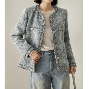 高端流苏小香风外套 蓝灰色粗花呢 2026春款法式短款女装新款