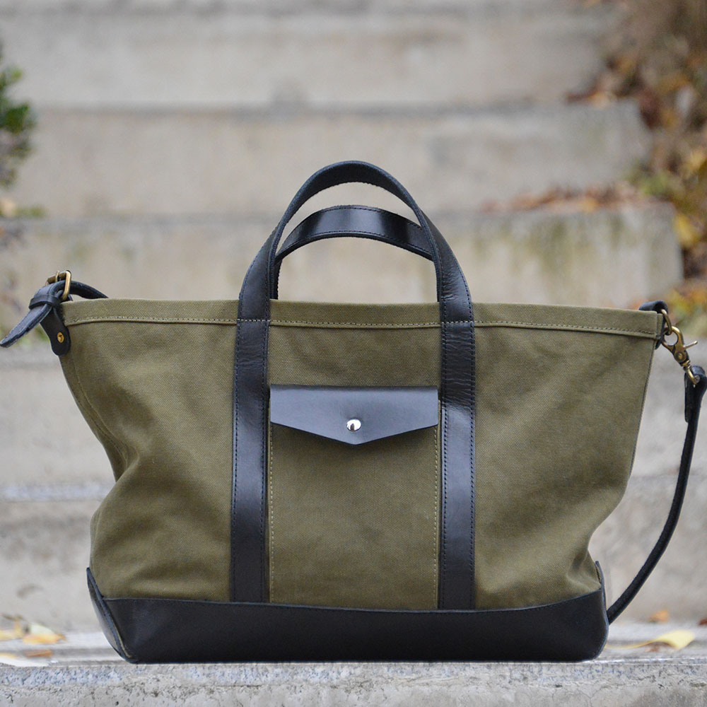 重磅厚硬帆布托特包 军绿 黑色牛皮 手提单肩斜挎包 原创设计uivy