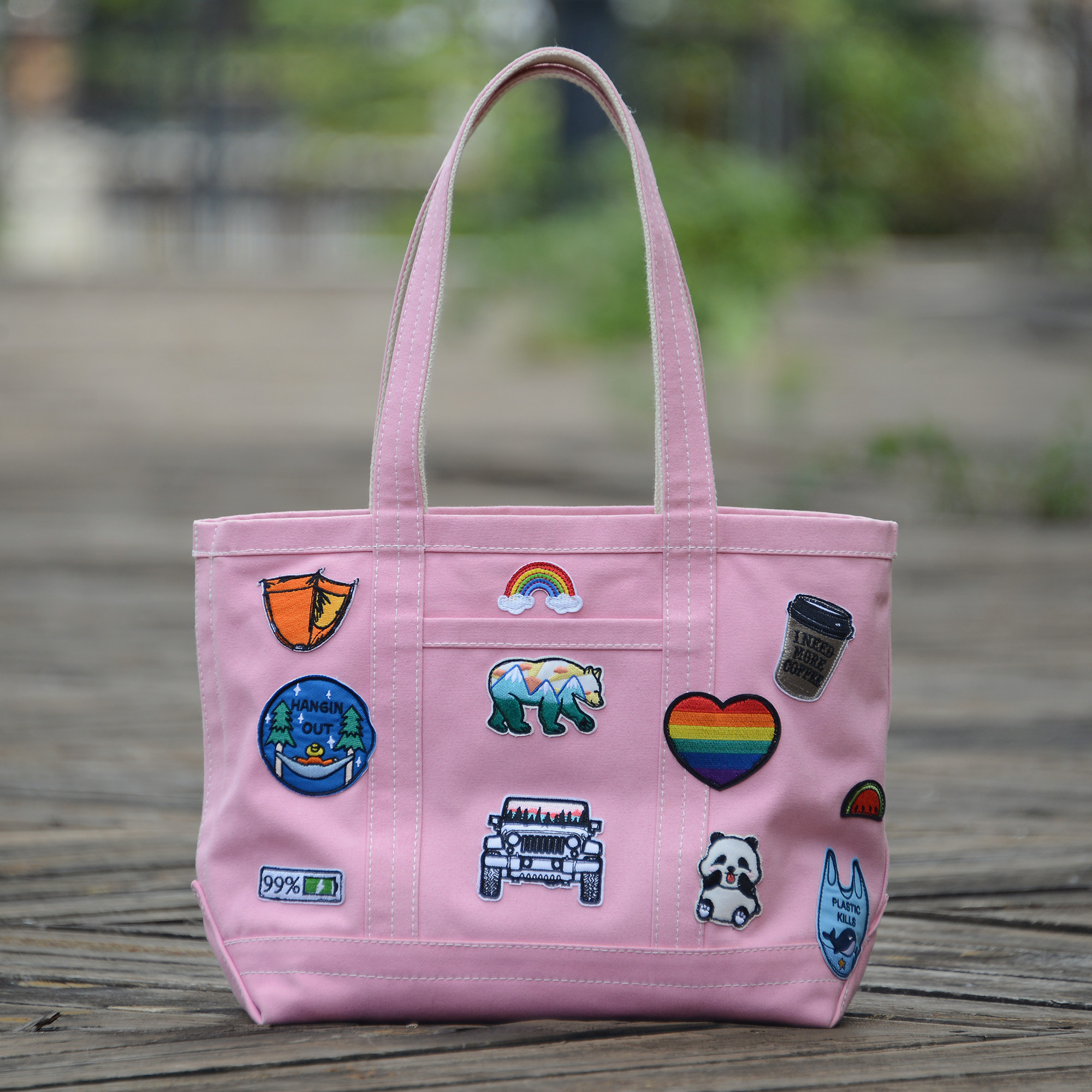 重磅厚硬帆布托特tote包 粉色军章毛毡单肩手提uivy原创设计