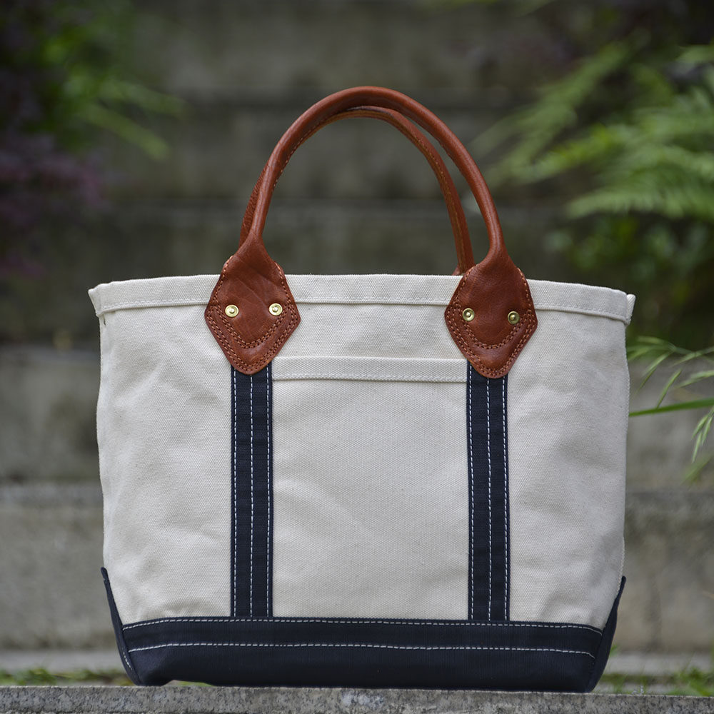 重磅厚帆布托特tote包 白蓝包身拼色黄牛皮手柄单肩手提 uivy设计