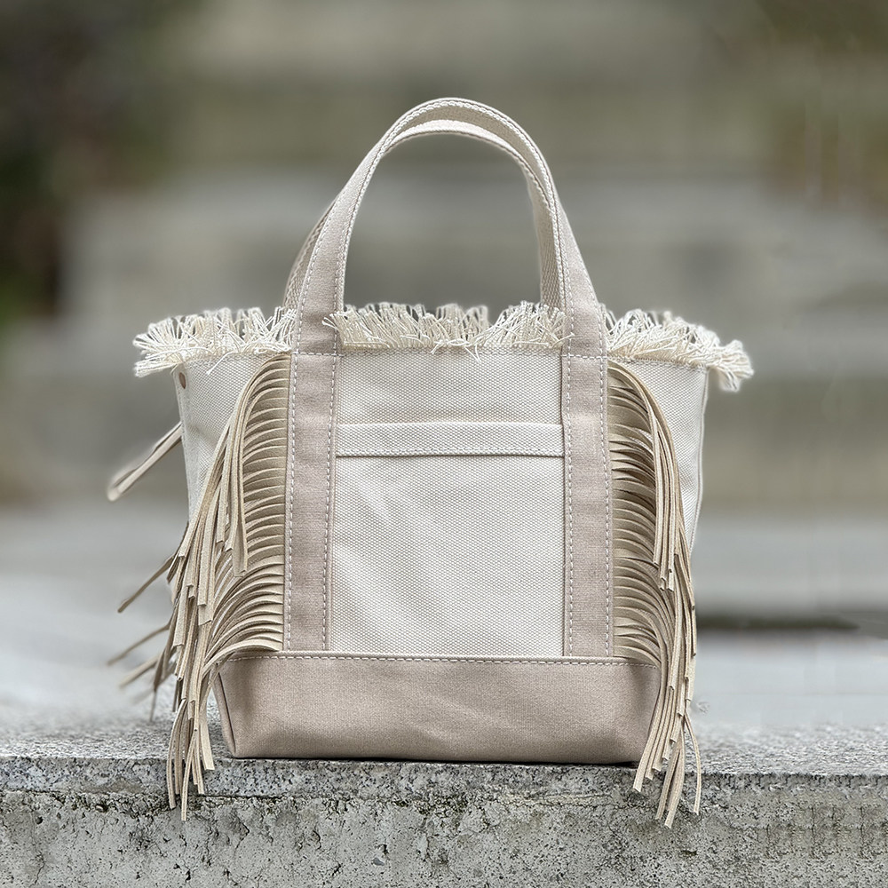 重磅硬厚帆布托特tote包 白+胡粉双面 流苏单肩手提uivy原创设计