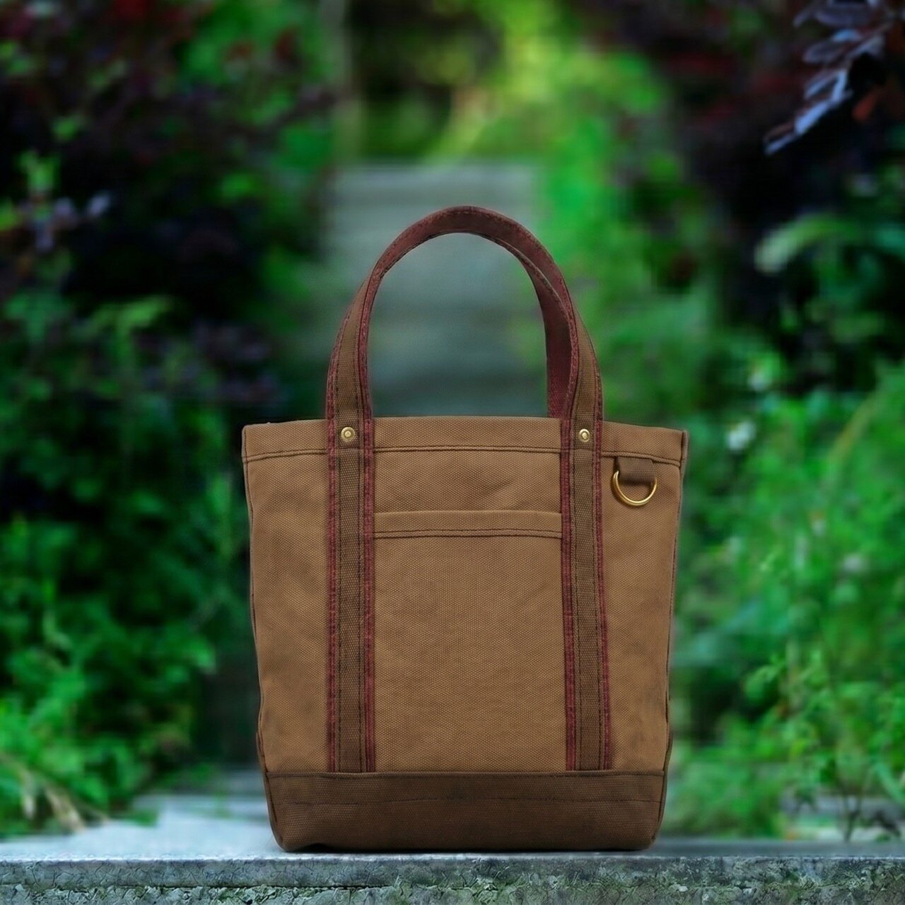 重磅厚硬帆布托特tote 土黄拼棕色单肩手提袋卡其不掉色可水洗