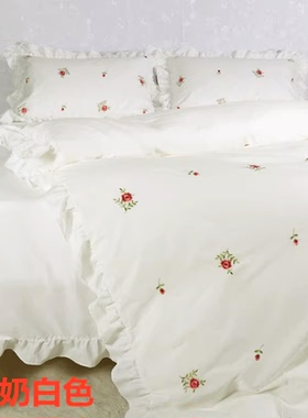 纯棉绣花荷叶边被套单件180x200cm全棉斜纹不起球单人被罩枕套