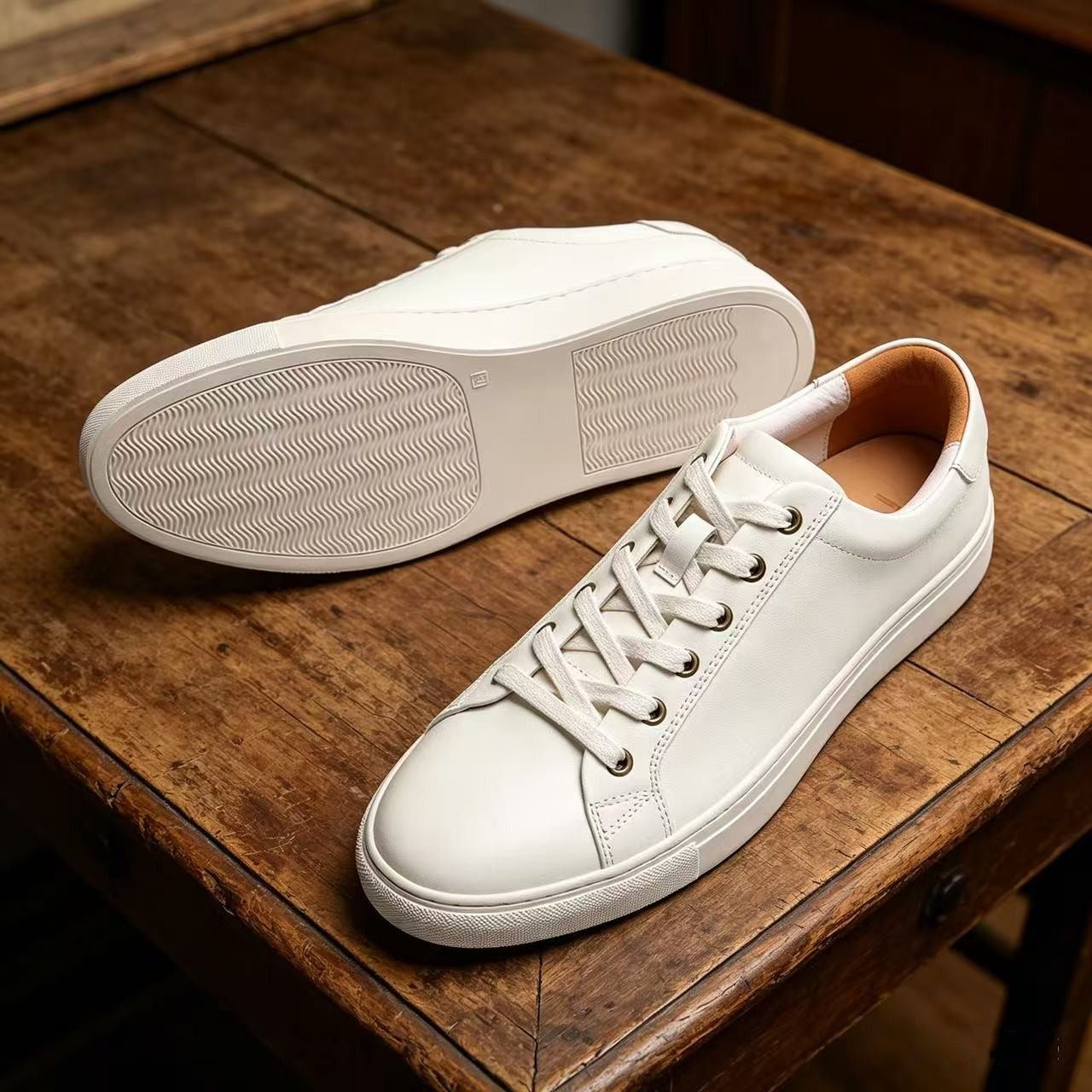 舍利Vintage高端牛皮系带低帮运动休闲板鞋男潮流百搭通勤小白鞋