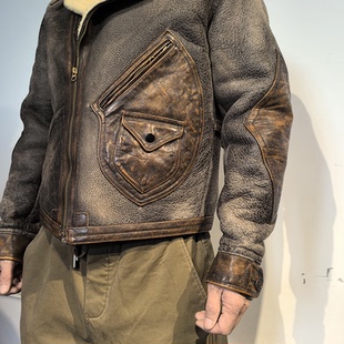 阿美咔叽Vintage皮毛一体做旧真皮皮衣夹克男百搭RL复古休闲外套