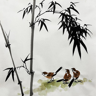 国画水墨画竹子手绘无款无印三尺斗方宣纸画芯玄关挂画简略新中式