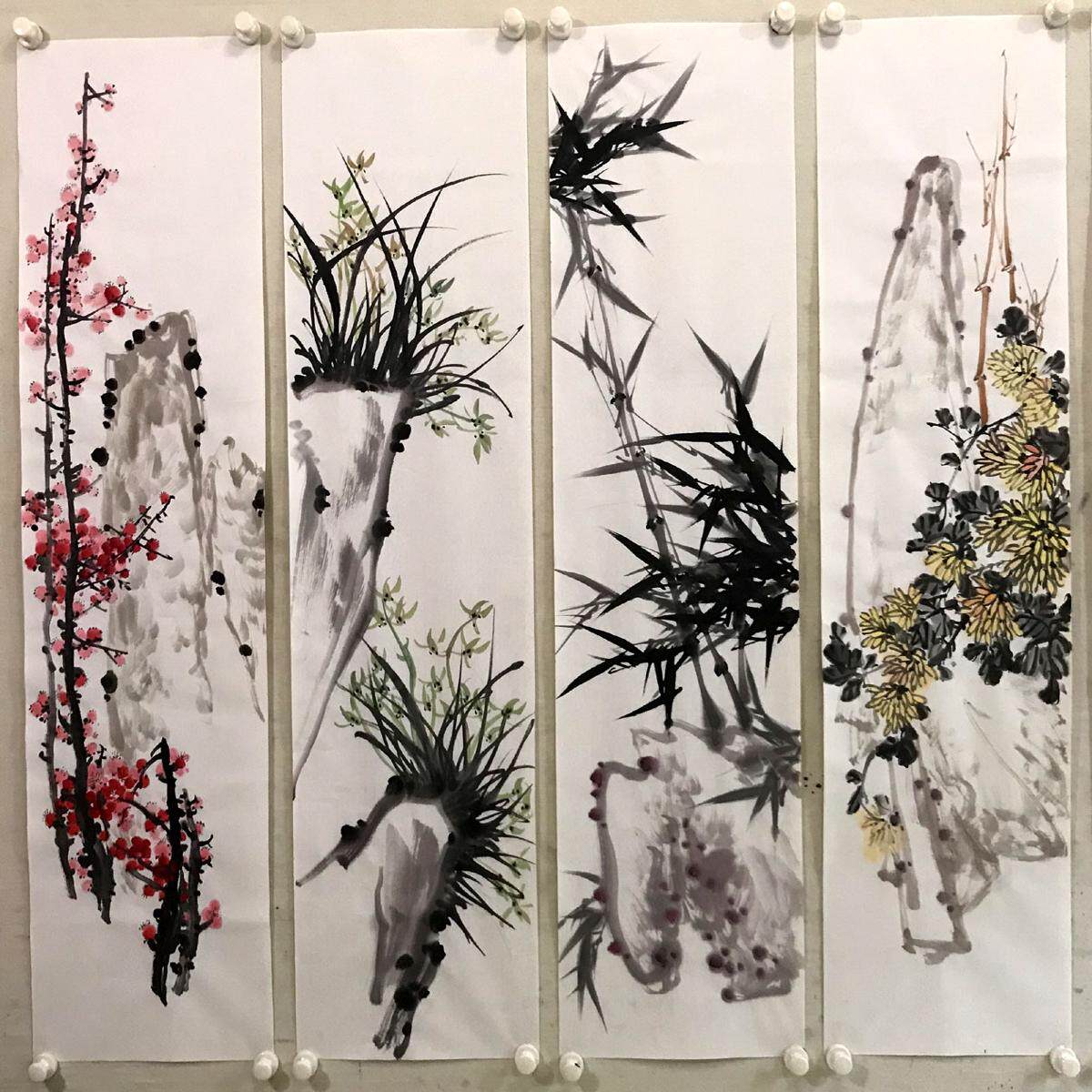 纯手绘写意花鸟国画梅兰竹菊四条屏四尺对开水墨画挂画宣纸画芯
