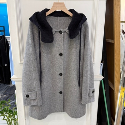 2025年冬装新款时尚韩版女装双面羊绒大衣外套撞色连帽领洋气减龄