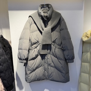 2025年冬装新款流行女装90鸭绒羽绒服中长款毛线针织帽可脱卸保暖