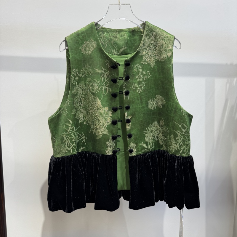 新中式女装桑蚕丝缎面提花马甲背心2025年秋装新款丝绒拼接双排扣