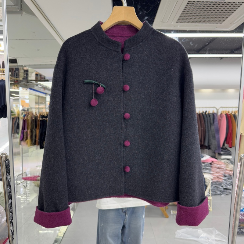 小个子短款双面羊绒大衣外套2025年秋冬新款流行女装樱桃挂件装饰