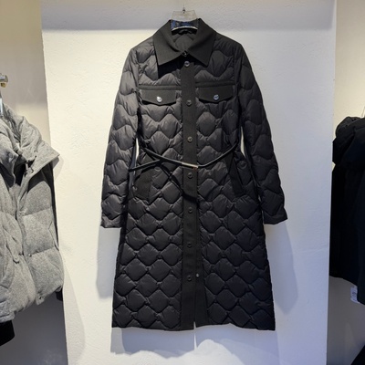 2025年冬装新款流行女装90白鹅绒羽绒服修身版型长款配腰带衬衫领