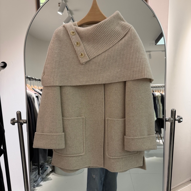 欧洲站2025年冬装新款流行女装双面羊绒大衣毛线针织披肩两件套潮