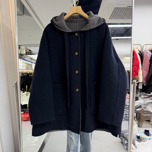 山羊绒手工双面羊绒大衣格子内里连帽领潮 流行女装 2025年冬装 新款