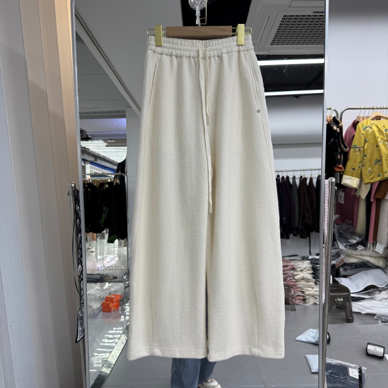 2025年秋冬新款流行女装羊毛裤抽绳松紧腰阔腿裤简约百搭显瘦裤子