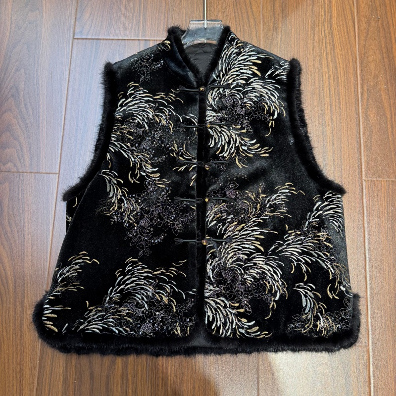 深圳南油丝绒刺绣加棉马夹背心2025年秋冬新款流行女装水貂毛拼接