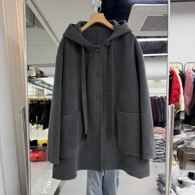 山羊绒手工双面羊绒大衣外套连帽领2025年冬装新款格子翻边袖洋气