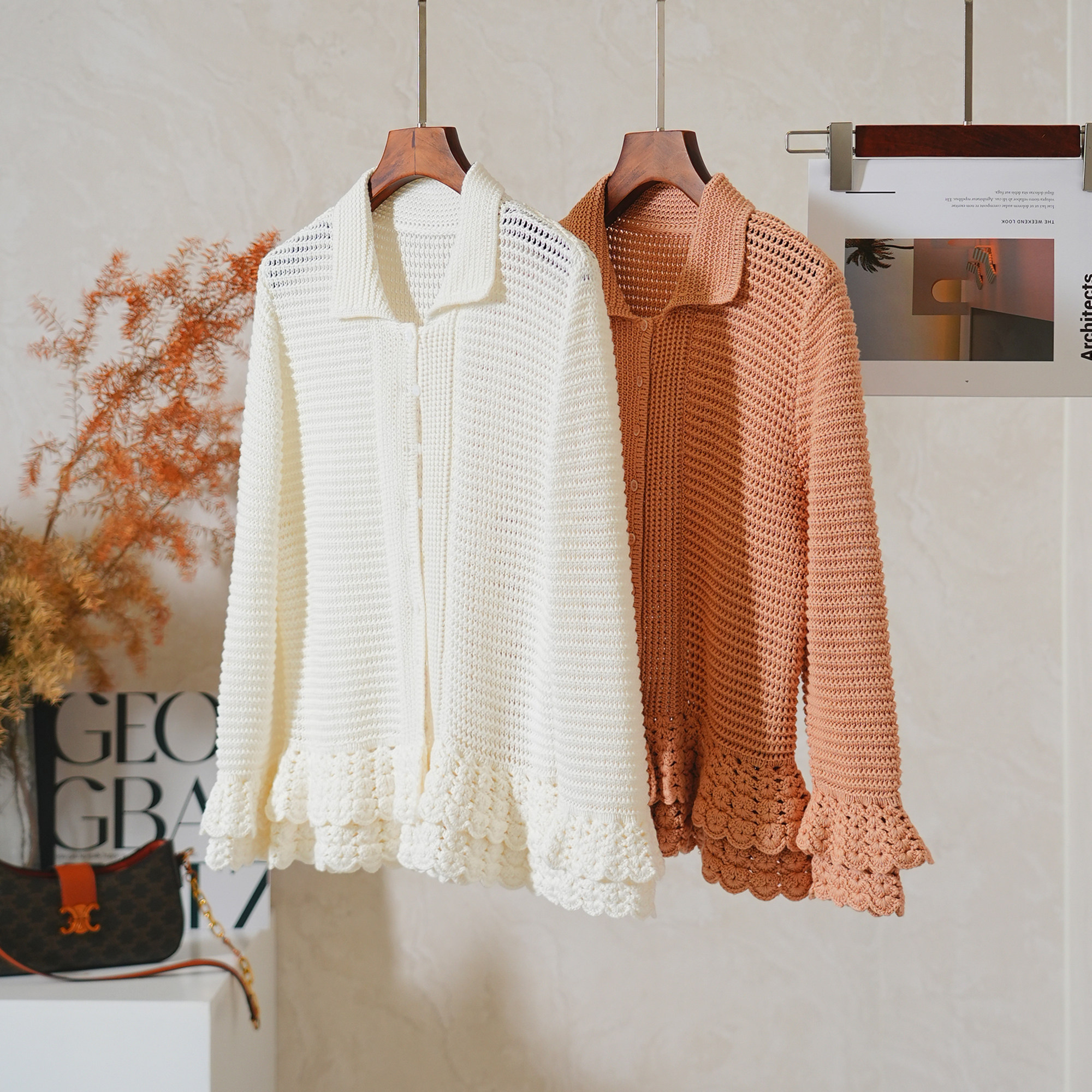 法式镂空勾花翻领拼针织开衫