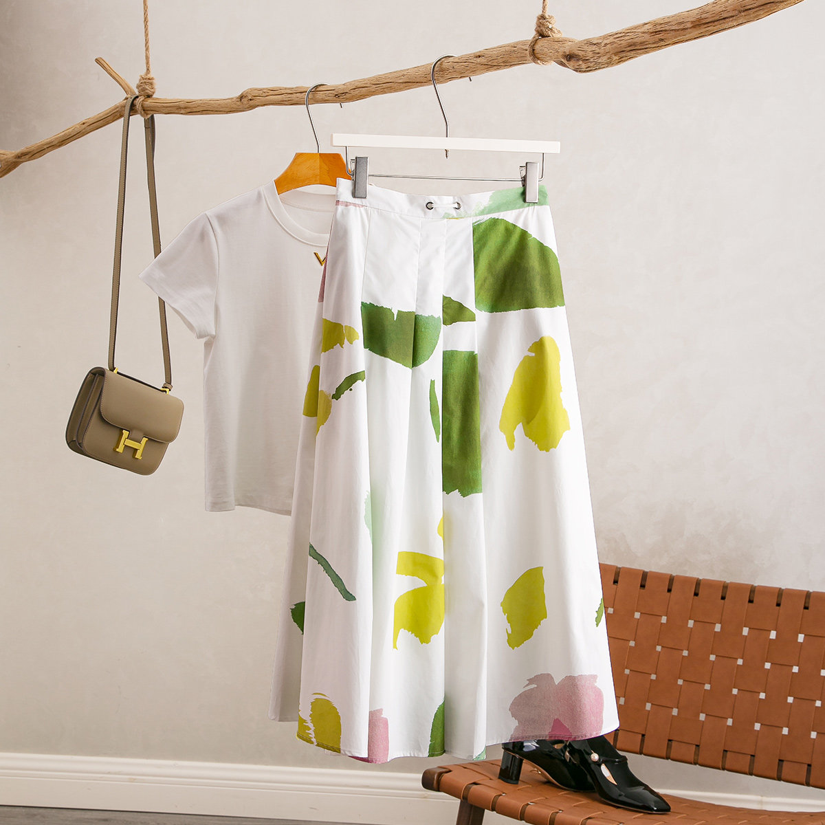彩色涂鸦印花高腰显瘦中长款半裙