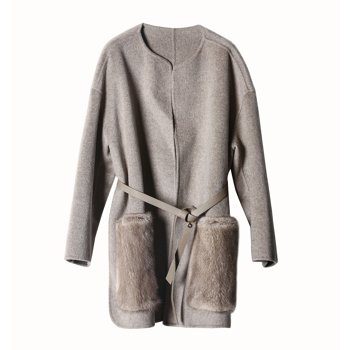 圆领双面毛呢口袋拼接水貂毛外套