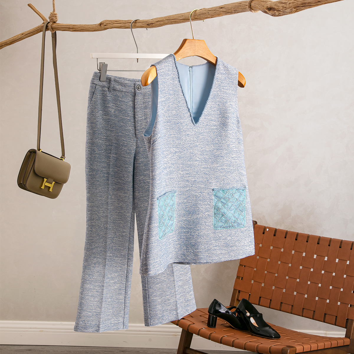 手工串珠无袖上衣+九分裤套装