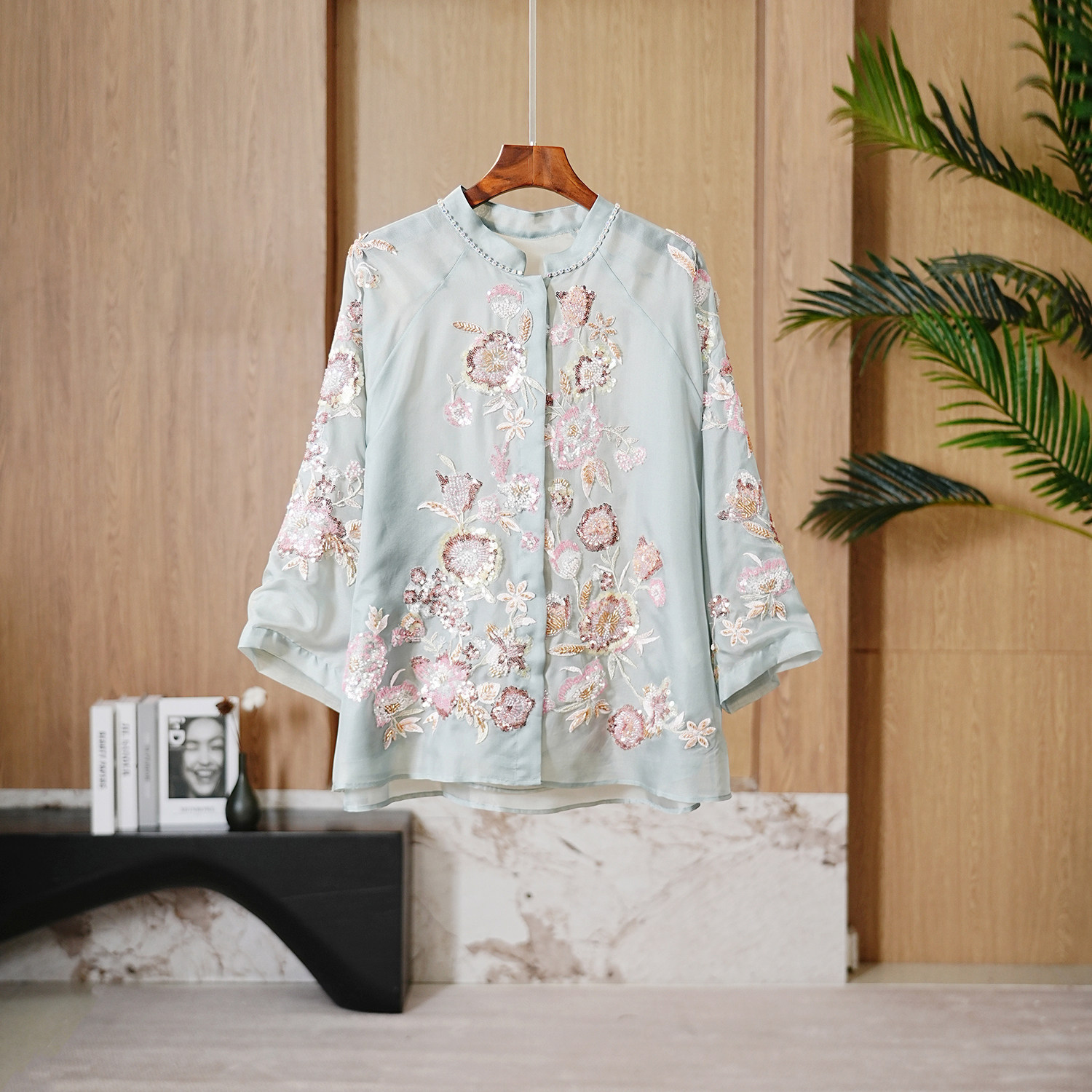 珠片花卉刺绣真丝欧根纱上衣