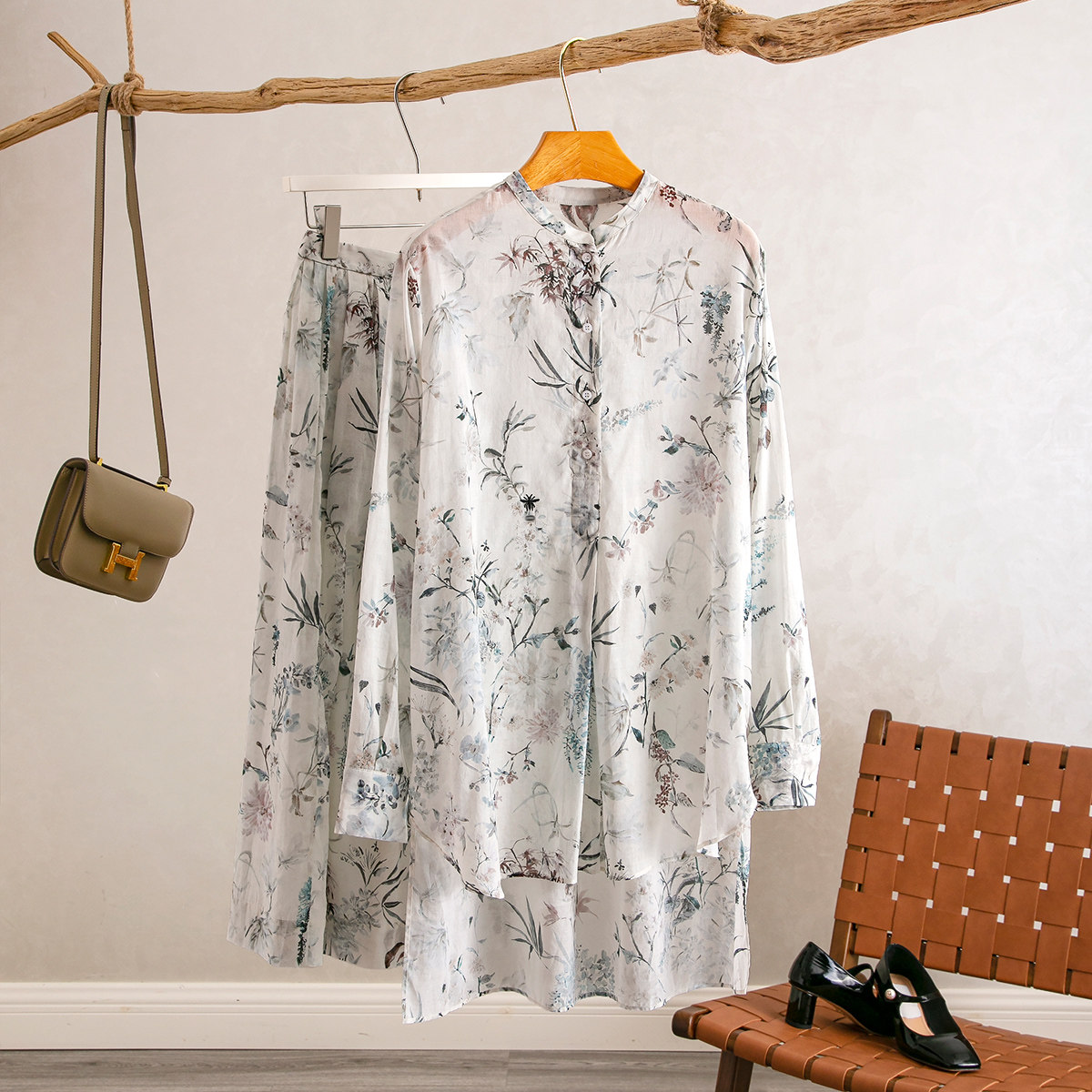 立领前短后长衬衣两件套半裙套装