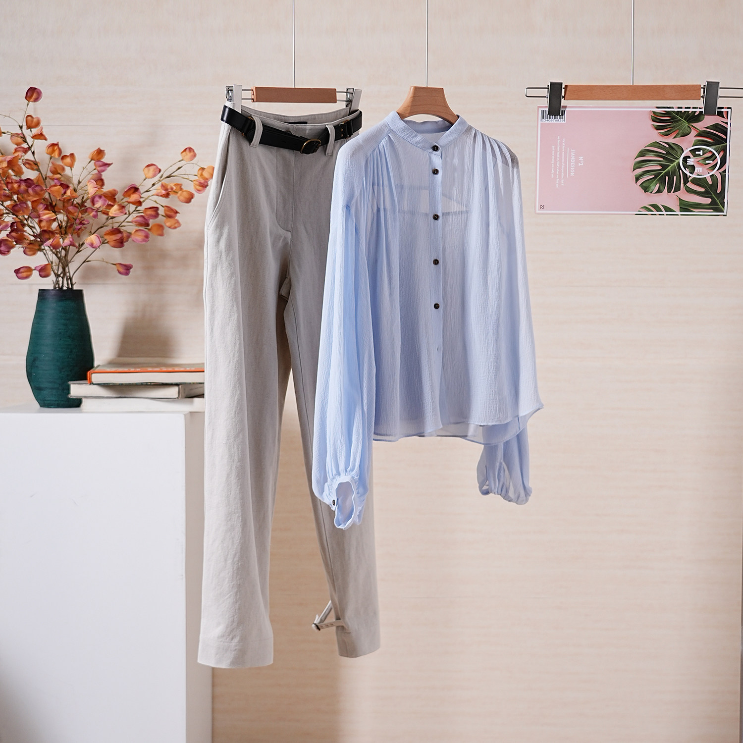 YongLeap柜品冬季新品定制肌理感泡泡真丝皱立领灯笼袖两件套衬衣