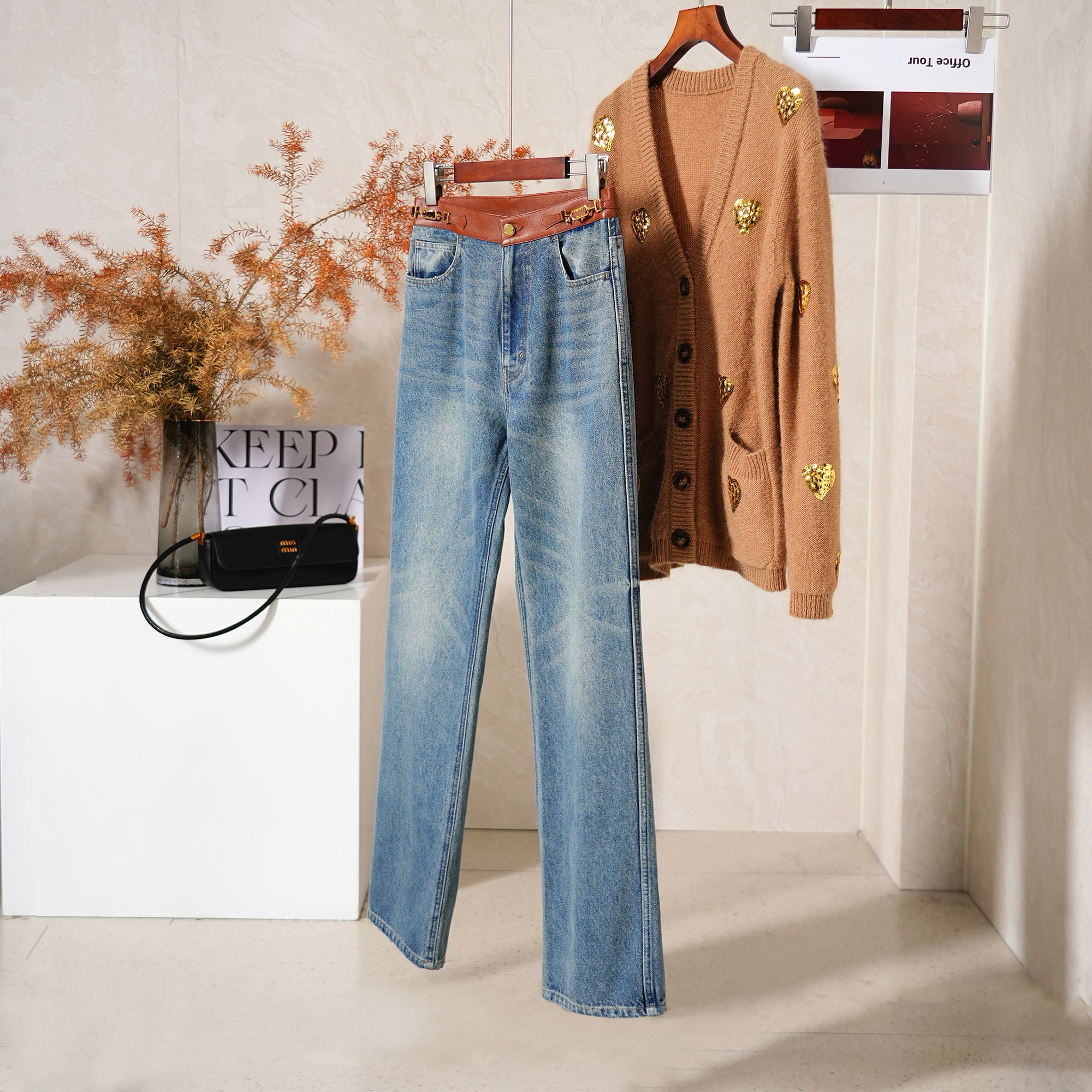 高腰拼皮显瘦百搭直筒牛仔裤