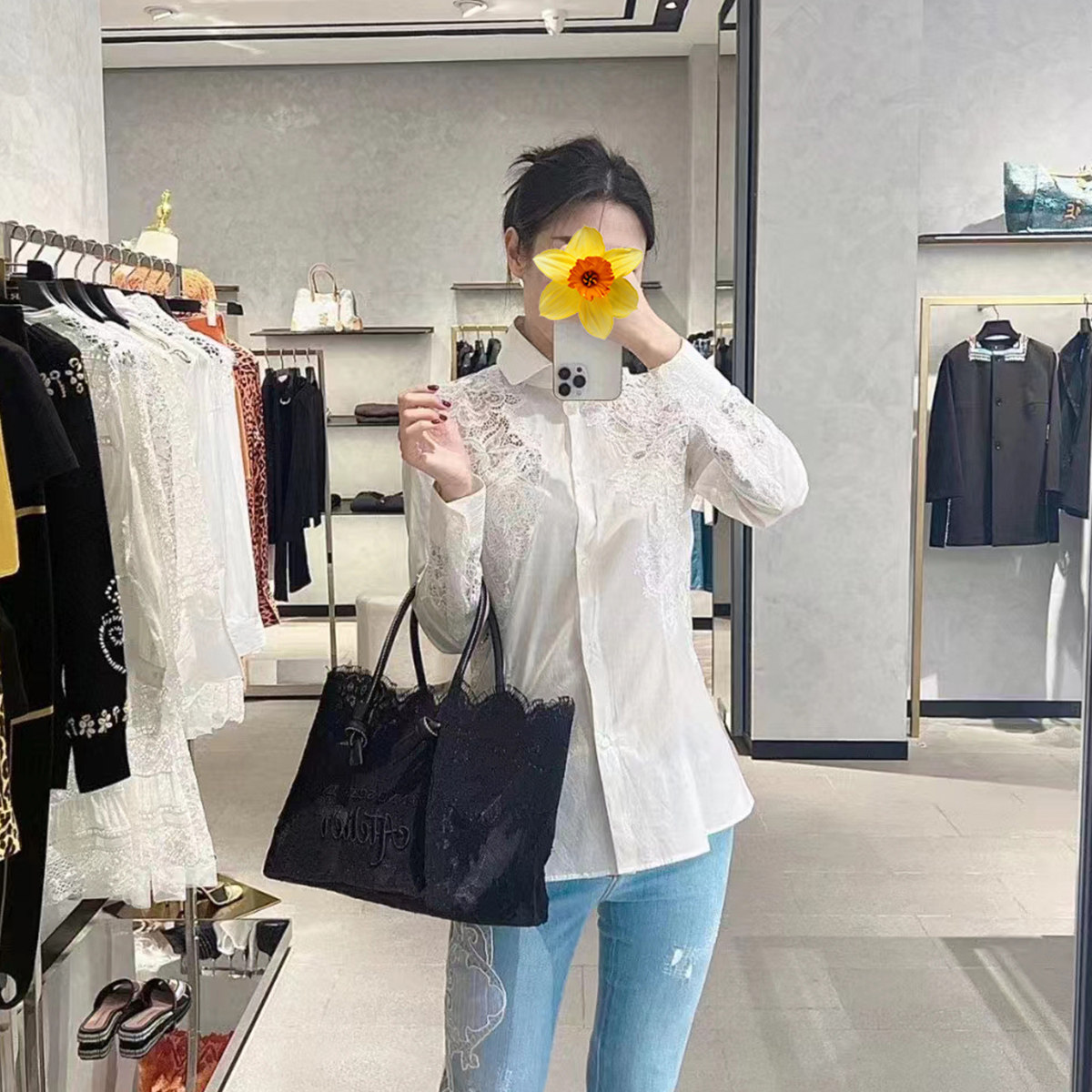 修身通勤单排扣长袖棉蕾丝衬衣