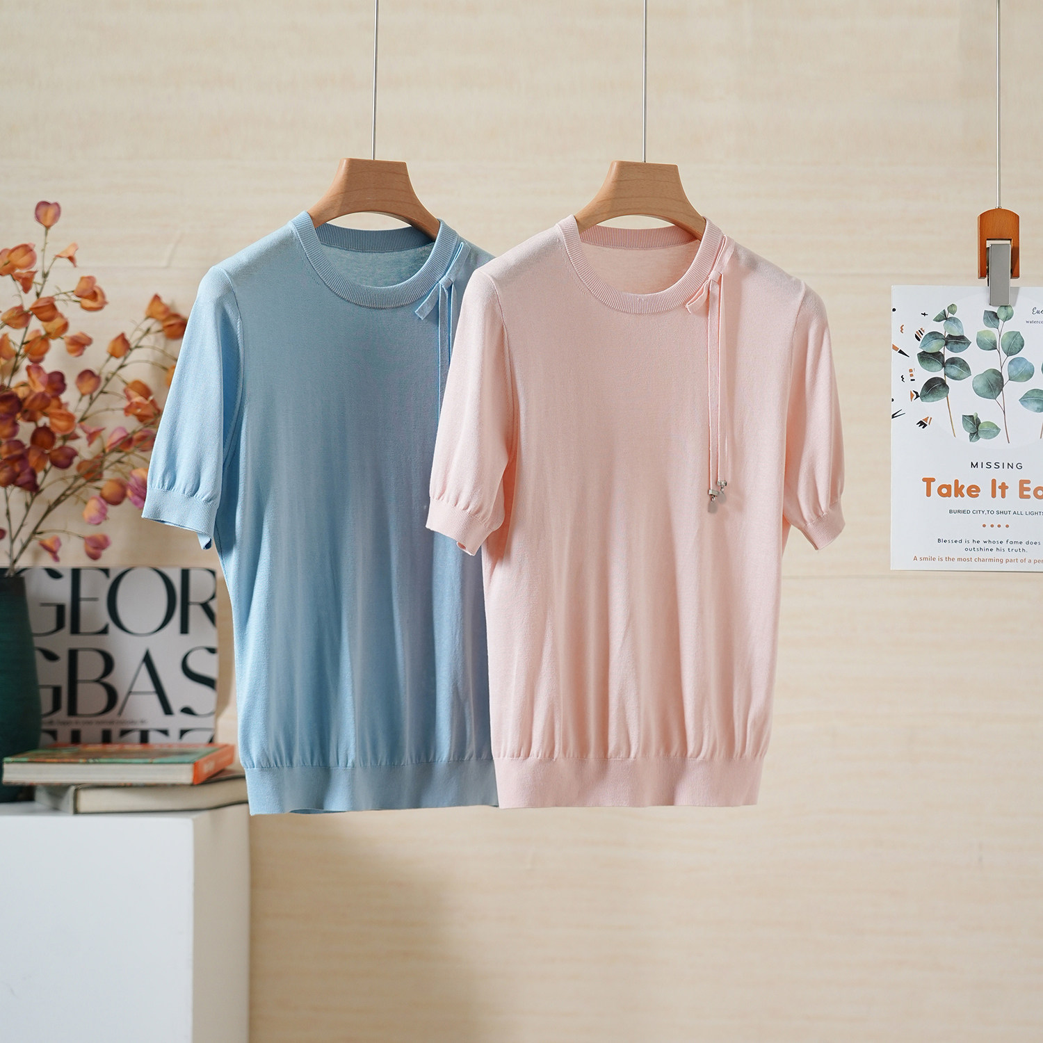 YongLeap柜品春夏新品优雅蝴蝶结装饰圆领套头舒适减龄真丝针织衫