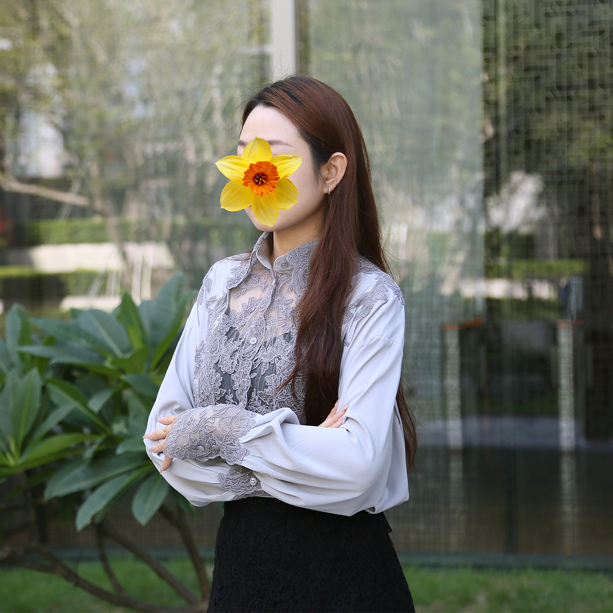 单排扣长袖真丝手工刺绣衬衫