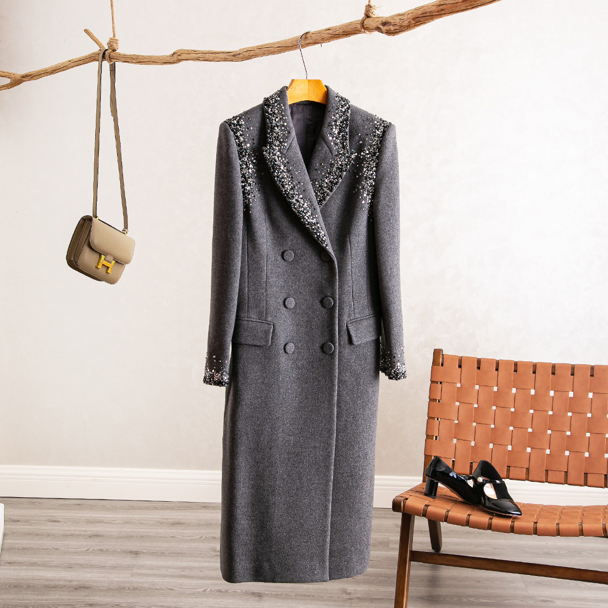 毛呢中长款轻奢珠片毛呢外套高奢