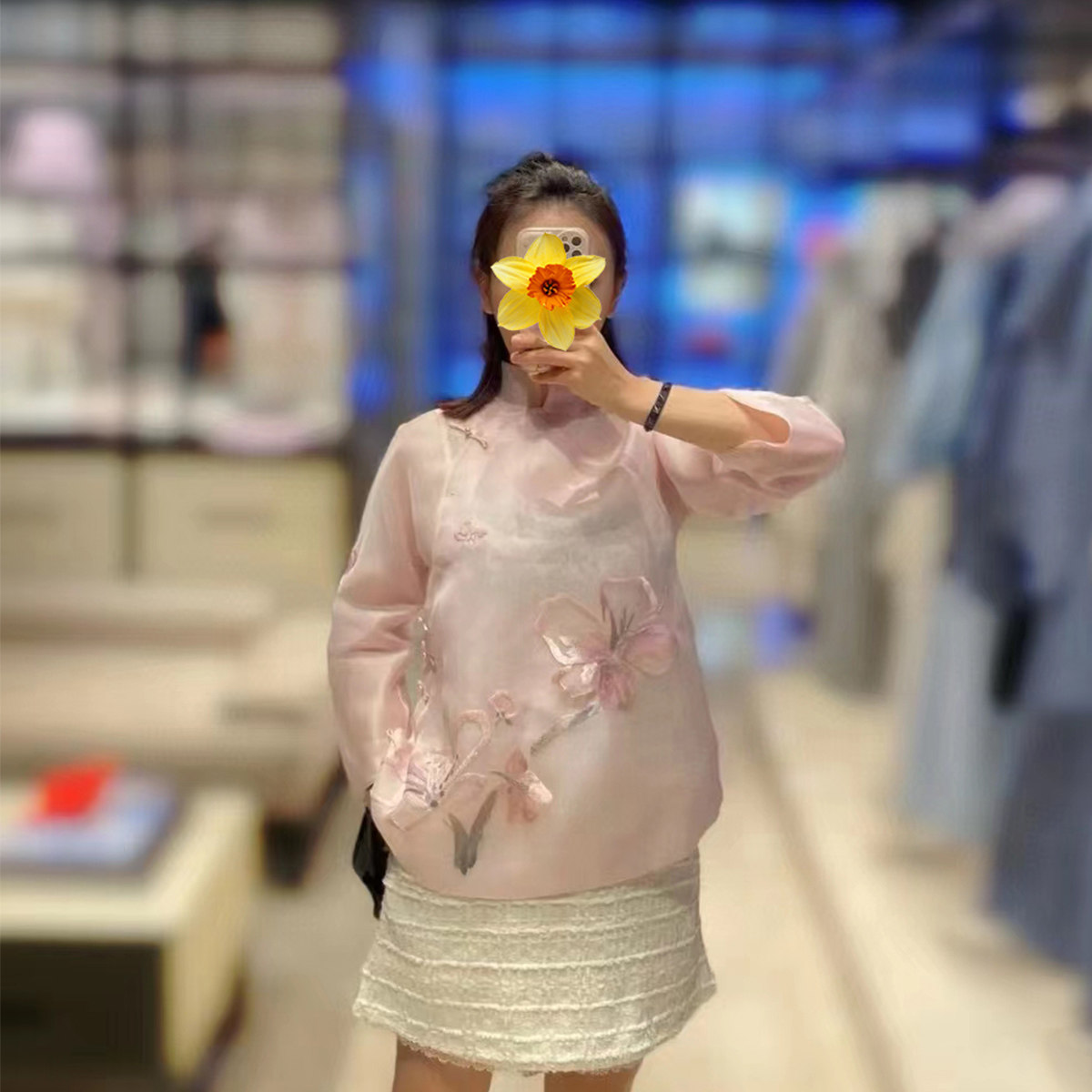 直筒轻奢盘扣九分袖真丝刺绣衬衫