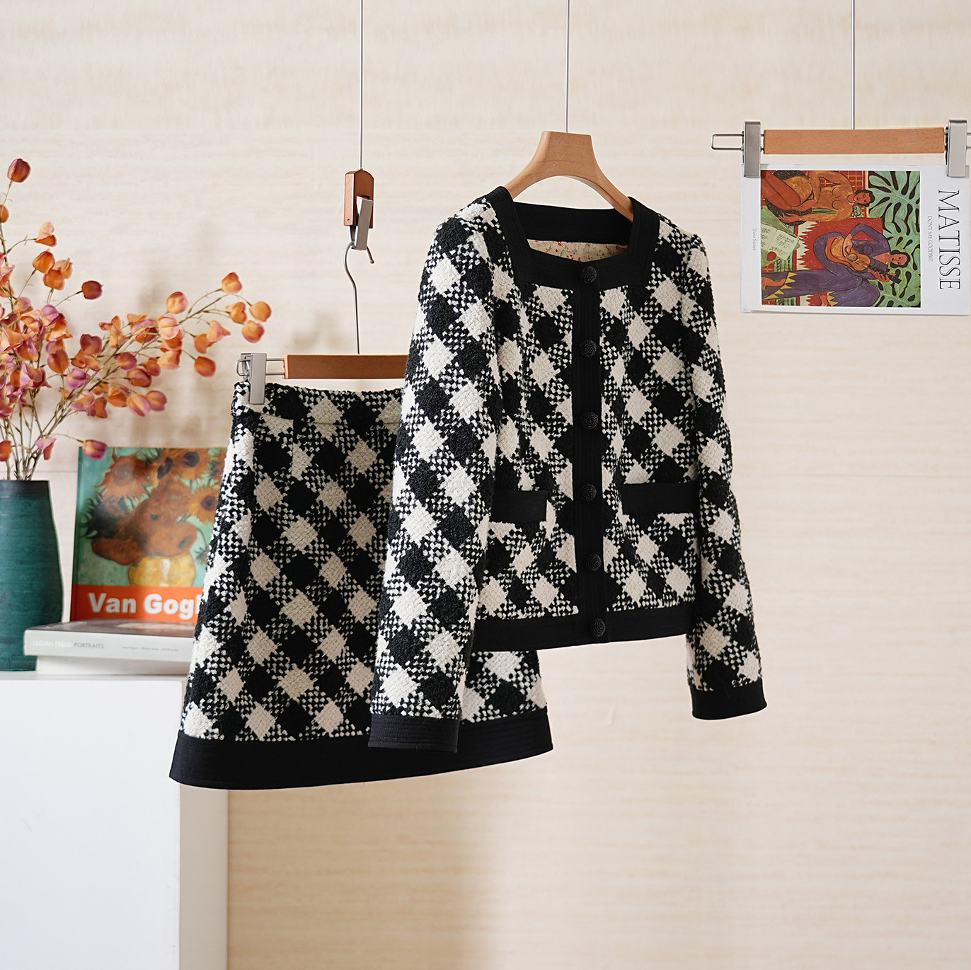 YongLeap柜品早春新品方领经典黑白菱格编织短外套+高腰A型半裙女,女装/女士精品,时尚套装,淘宝优惠券,粉丝福利购,淘宝优惠卷