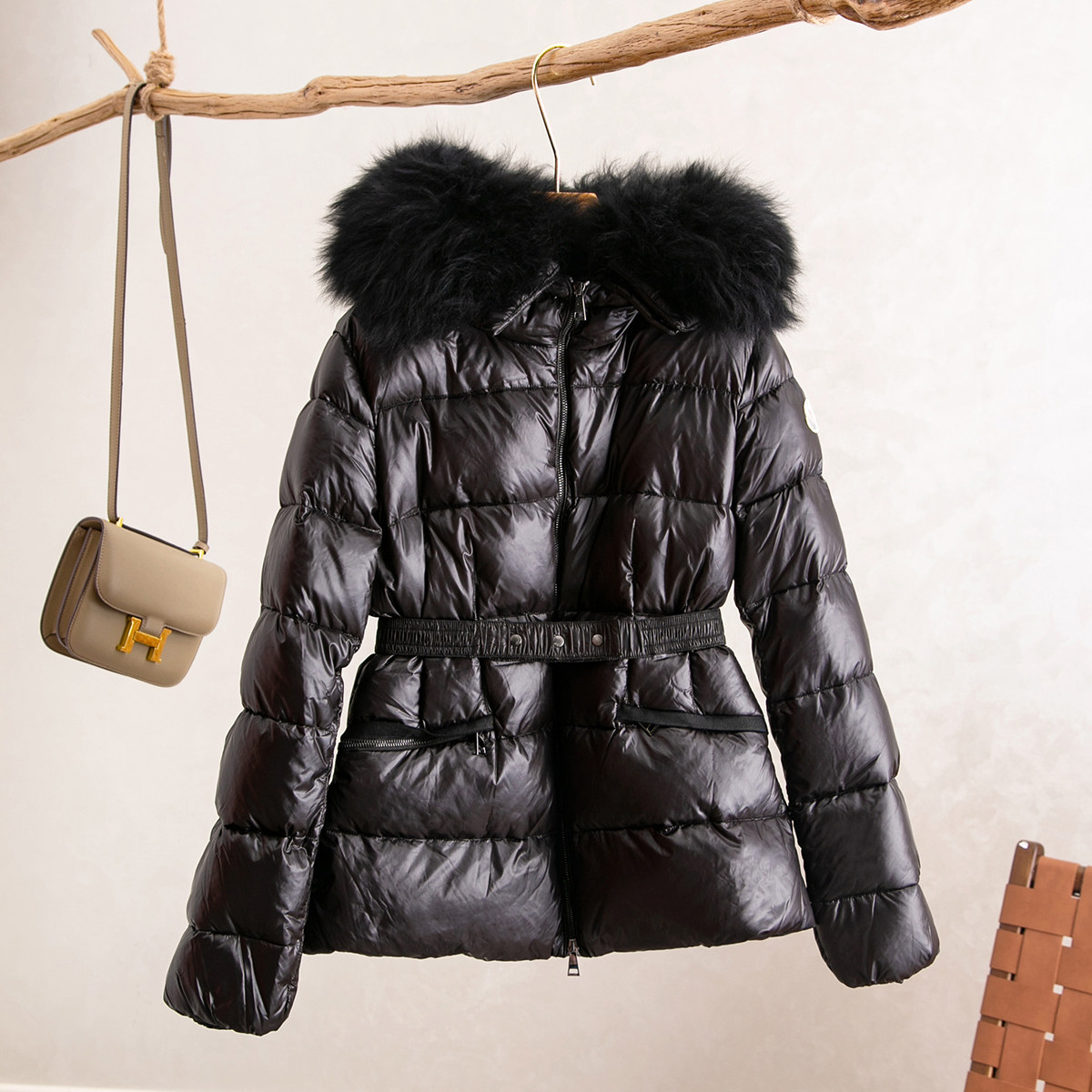 保暖羊毛领系带羽绒服