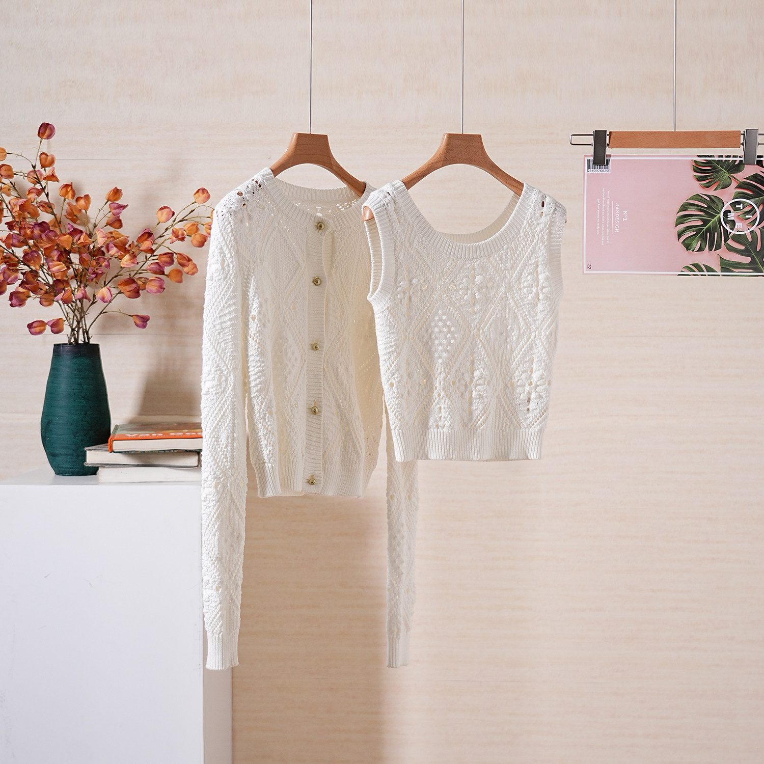 法式优雅珍珠单排扣圆领开衫