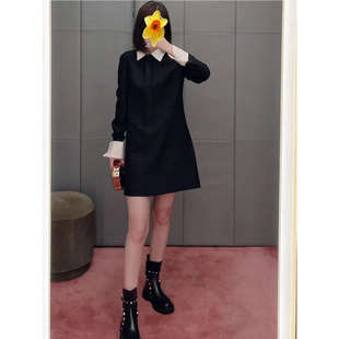 YongLeap柜品高货秋冬新品经典范丝毛拼色小翻领长袖A型连衣裙女