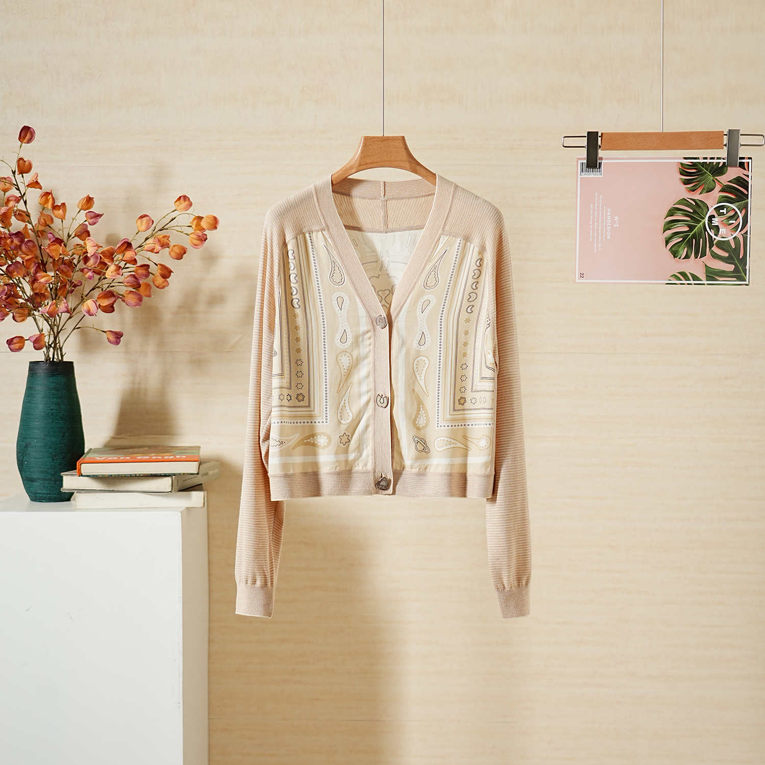 秋冬复古真丝拼针织羊绒短款开衫