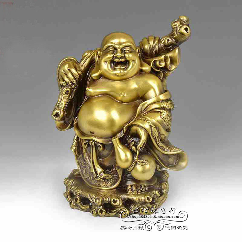 纯铜大肚弥勒佛像摆件黄金袋招财笑佛站佛像客厅书房家居风水摆设