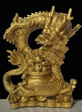 黄铜招财中式客厅聚宝盆龙龙摆件