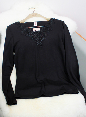 清仓黛安芬简约黑色V领长袖蕾丝花边保暖上衣女亲肤打底衫H000145